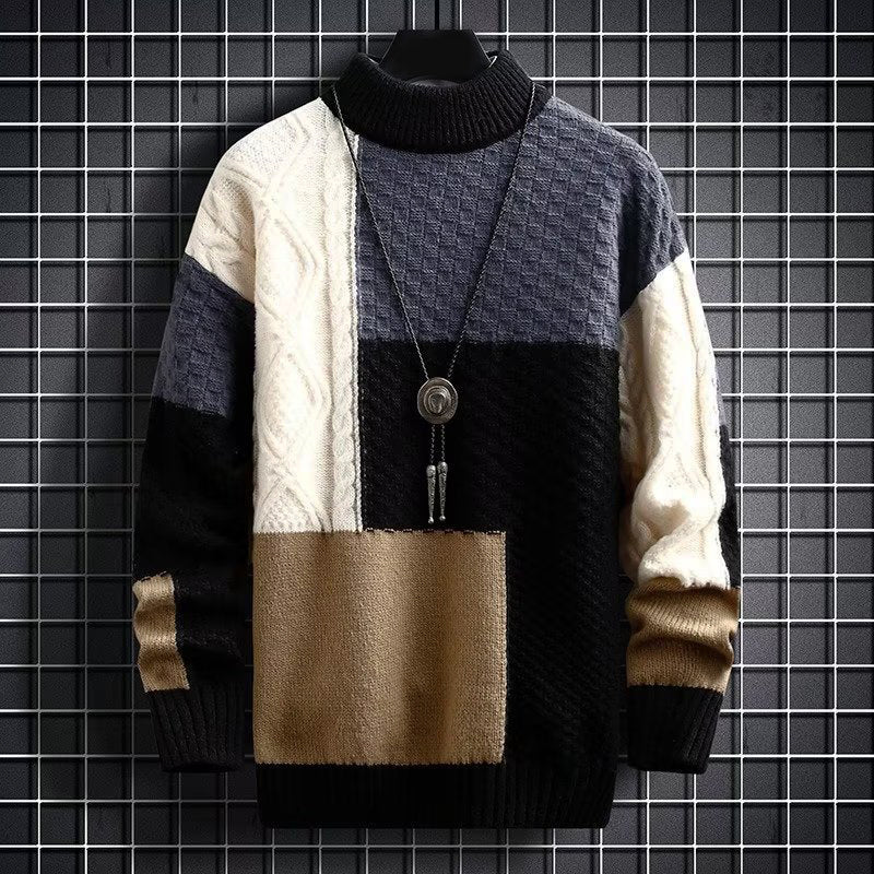 Textured Patchwork Sweater for Men with High Neck Collar