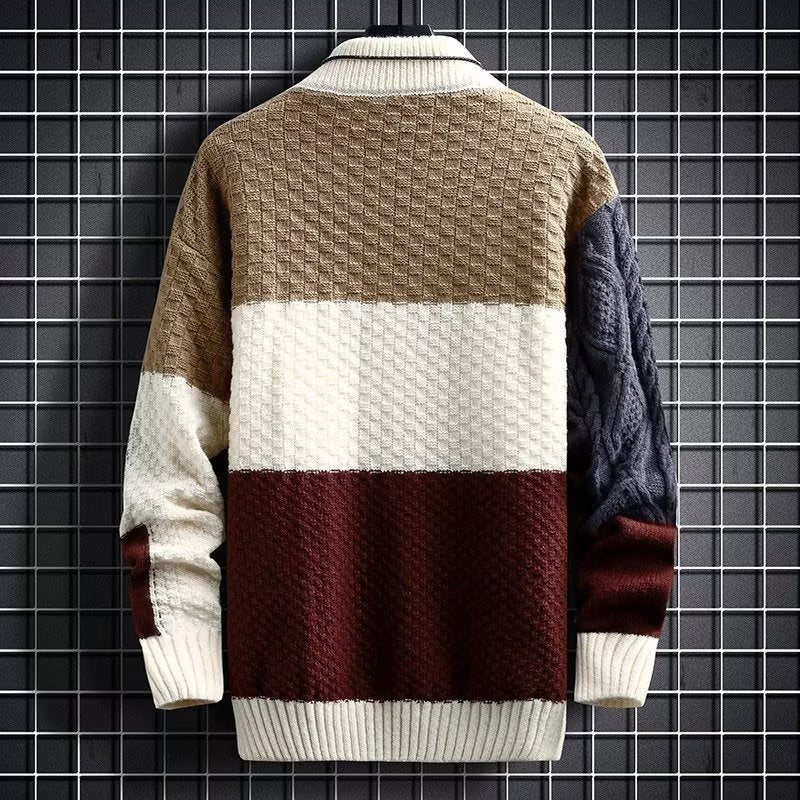 Textured Patchwork Sweater for Men with High Neck Collar