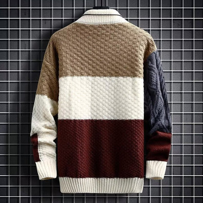 Textured Patchwork Sweater for Men with High Neck Collar