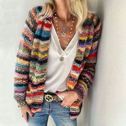 Vibrant Striped Women’s Textured Knit Cardigan