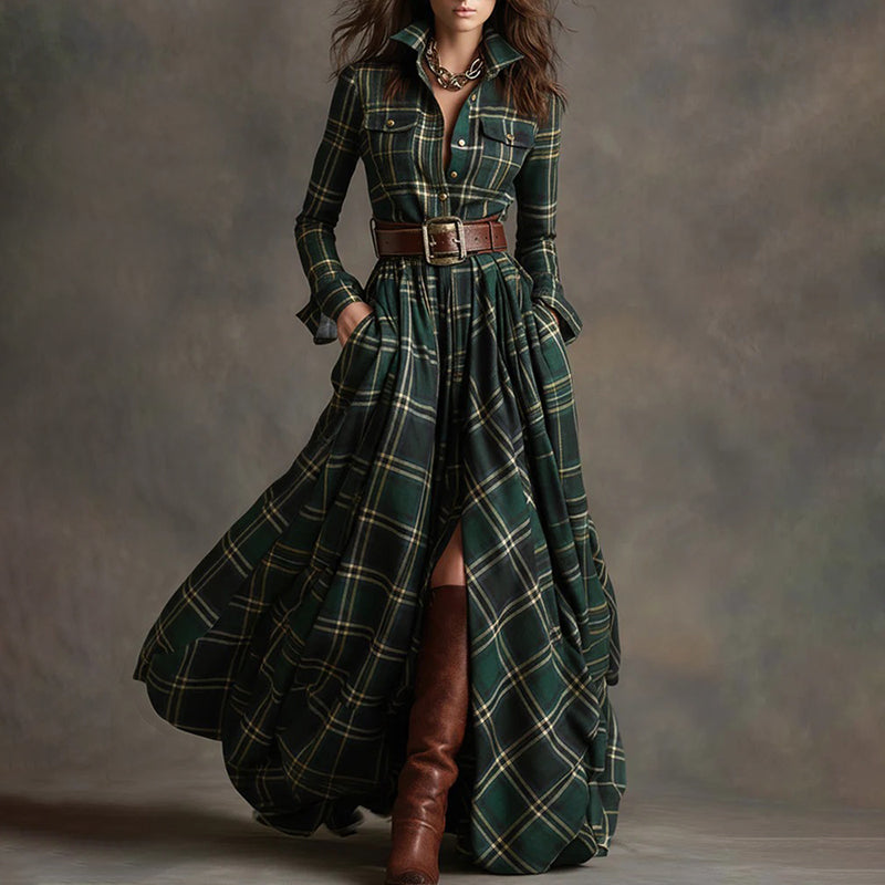 Women’s Belted Plaid Maxi Dress with Flowing Skirt