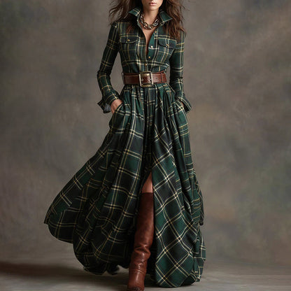 Women’s Belted Plaid Maxi Dress with Flowing Skirt
