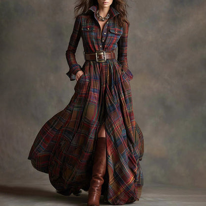 Women’s Belted Plaid Maxi Dress with Flowing Skirt