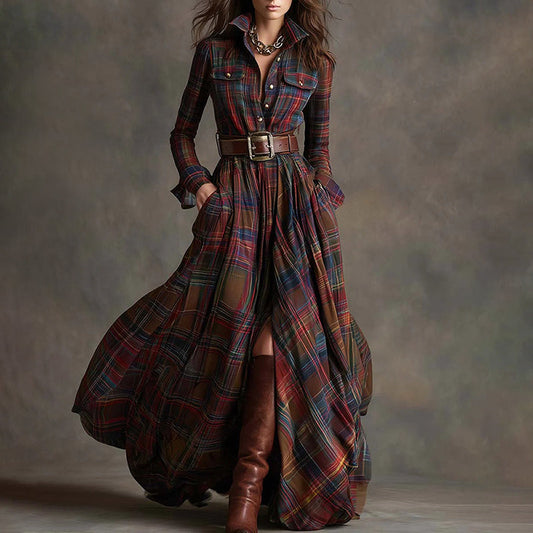 Women’s Belted Plaid Maxi Dress with Flowing Skirt