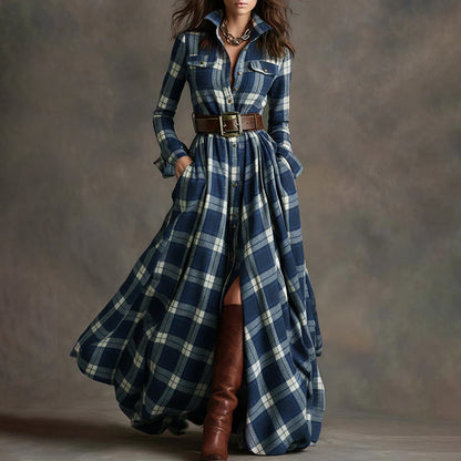 Women’s Belted Plaid Maxi Dress with Flowing Skirt