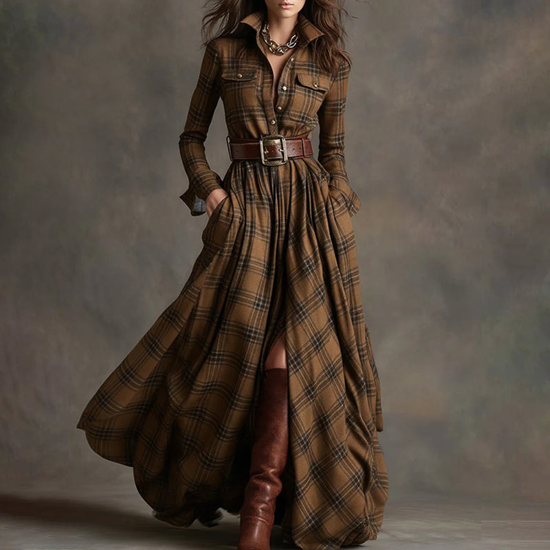 Women’s Belted Plaid Maxi Dress with Flowing Skirt