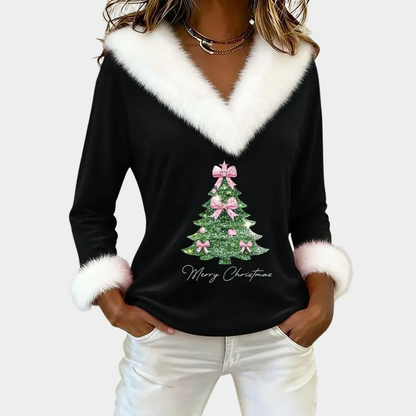 Women’s Festive Christmas Top with Fur Trim