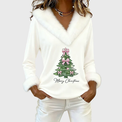 Women’s Festive Christmas Top with Fur Trim