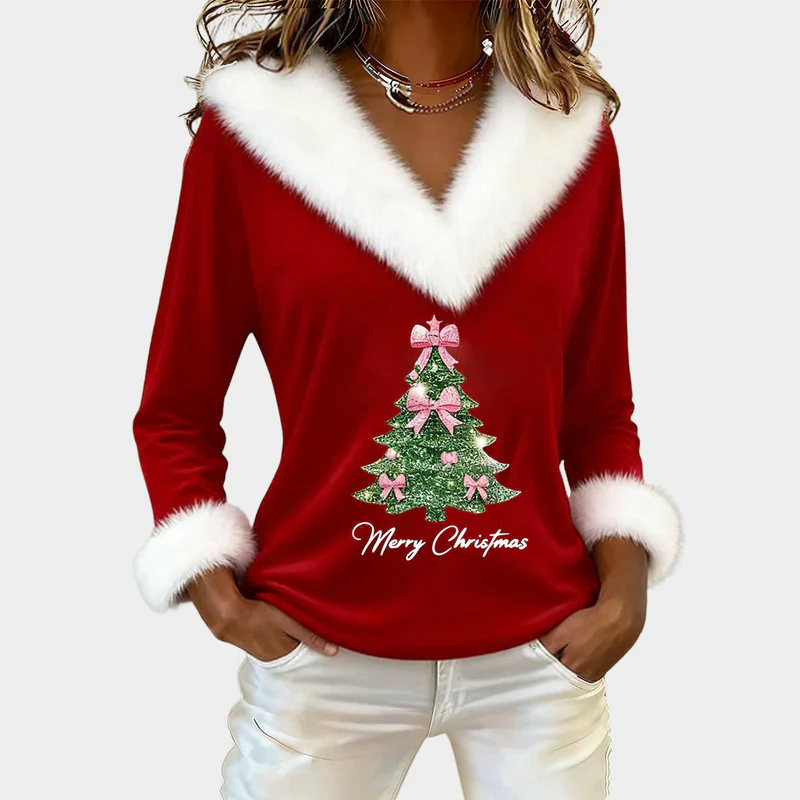 Women’s Festive Christmas Top with Fur Trim