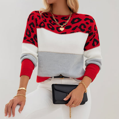 Women’s Colorblock Knit Sweater with Leopard Print
