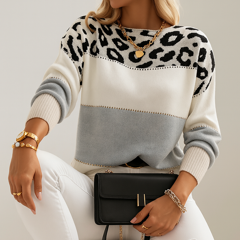 Women’s Colorblock Knit Sweater with Leopard Print