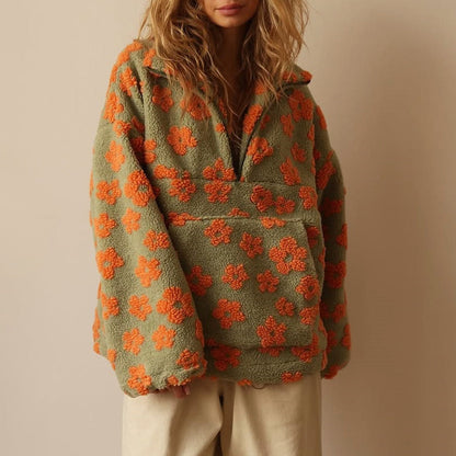 Women’s Cozy Floral Fleece Sweatshirt with Half-Zip