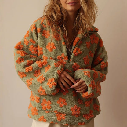 Women’s Cozy Floral Fleece Sweatshirt with Half-Zip