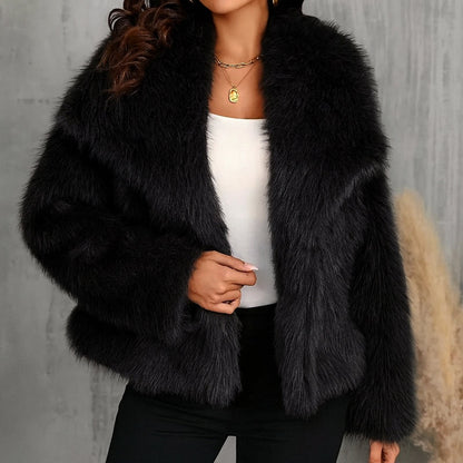 Women’s Cropped Faux Fur Coat with Wide Collar