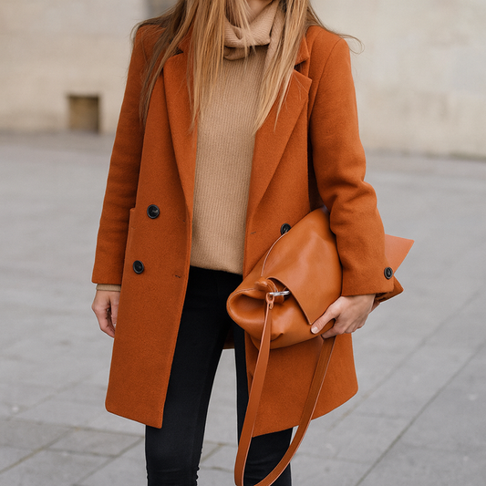 Women’s Double-Breasted Long Coat with Notched Lapel