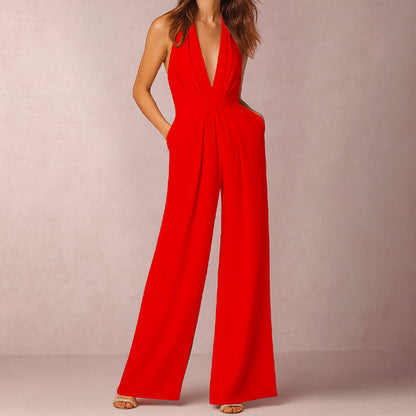 Women’s Elegant Halter Jumpsuit with Deep V-Neckline