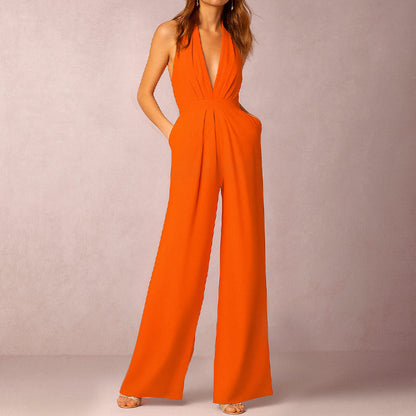 Women’s Elegant Halter Jumpsuit with Deep V-Neckline