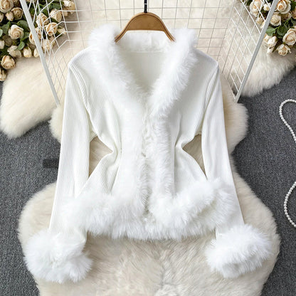 Women’s Elegant Ribbed Top with Fur Detailing