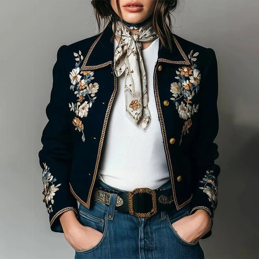 Women’s Embroidered Floral Jacket with Gold Buttons