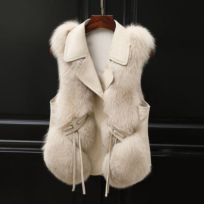 Women’s Faux Fur Vest with Lapel Collar and Front Tie Detail
