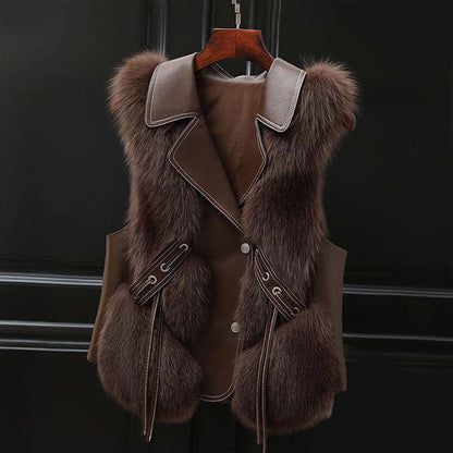 Women’s Faux Fur Vest with Lapel Collar and Front Tie Detail