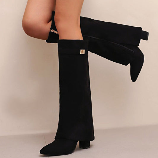 Women’s Faux Suede Knee Boots with Folded Top Design
