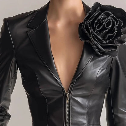 Women’s Fitted Faux Leather Jacket with 3D Flower Accent
