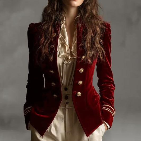 Women’s Fitted Velvet Blazer with Gold Button Detailing