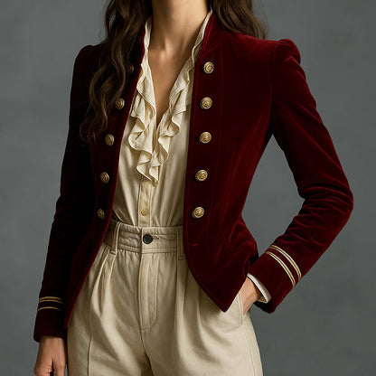Women’s Fitted Velvet Blazer with Gold Button Detailing