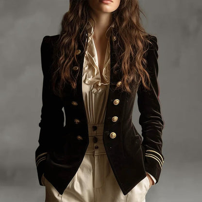 Women’s Fitted Velvet Blazer with Gold Button Detailing