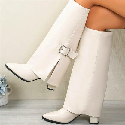 Women’s Foldover Knee-High Boots with Buckle Strap