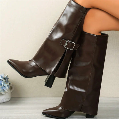 Women’s Foldover Knee-High Boots with Buckle Strap