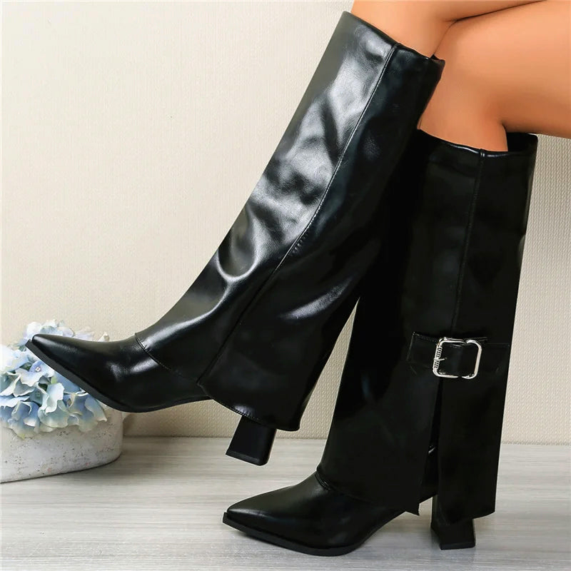 Women’s Foldover Knee-High Boots with Buckle Strap