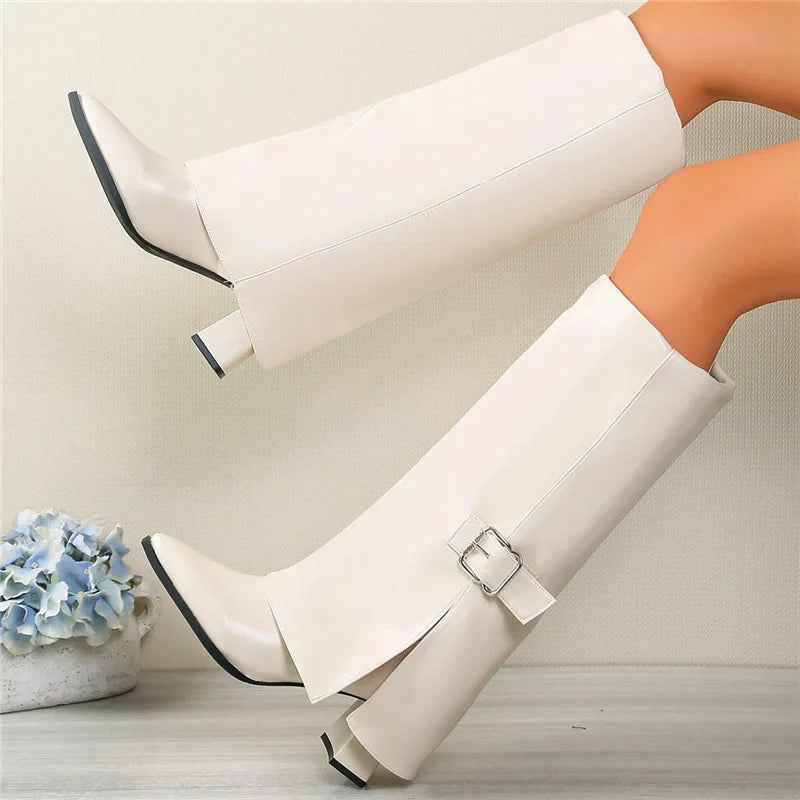 Women’s Foldover Knee-High Boots with Buckle Strap