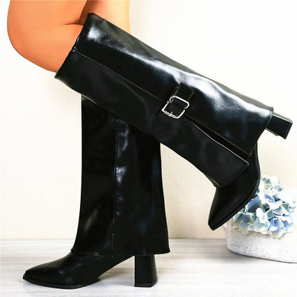 Women’s Foldover Knee-High Boots with Buckle Strap