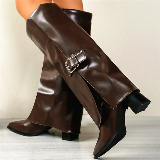 Women’s Foldover Knee-High Boots with Buckle Strap