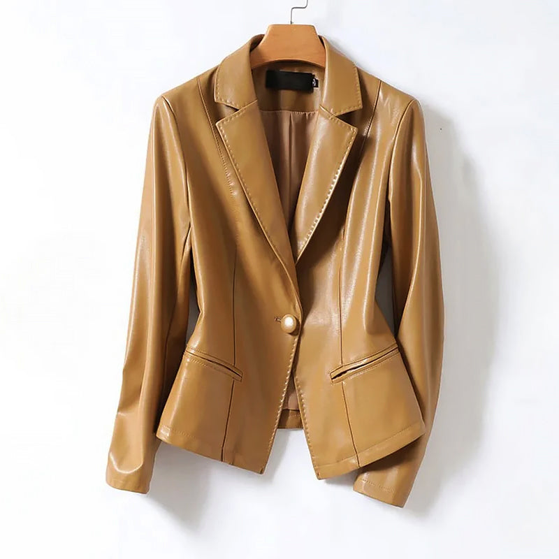 Women’s Genuine Leather Blazer Jacket with Single Button Closure