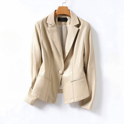 Women’s Genuine Leather Blazer Jacket with Single Button Closure
