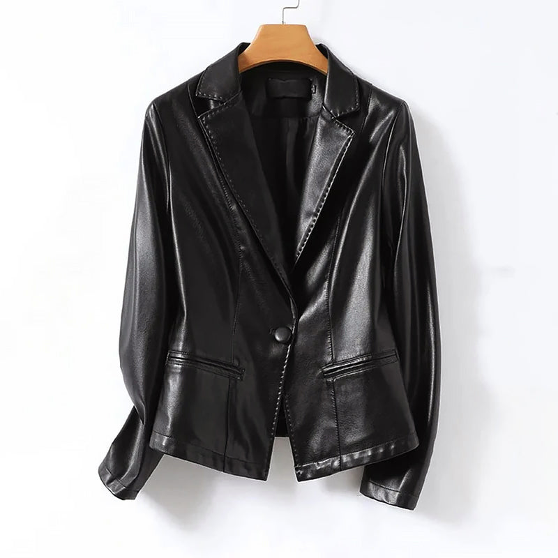 Women’s Genuine Leather Blazer Jacket with Single Button Closure