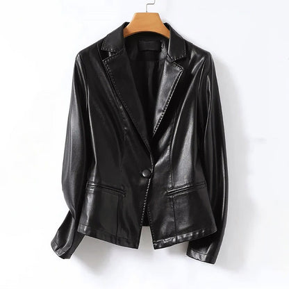 Women’s Genuine Leather Blazer Jacket with Single Button Closure