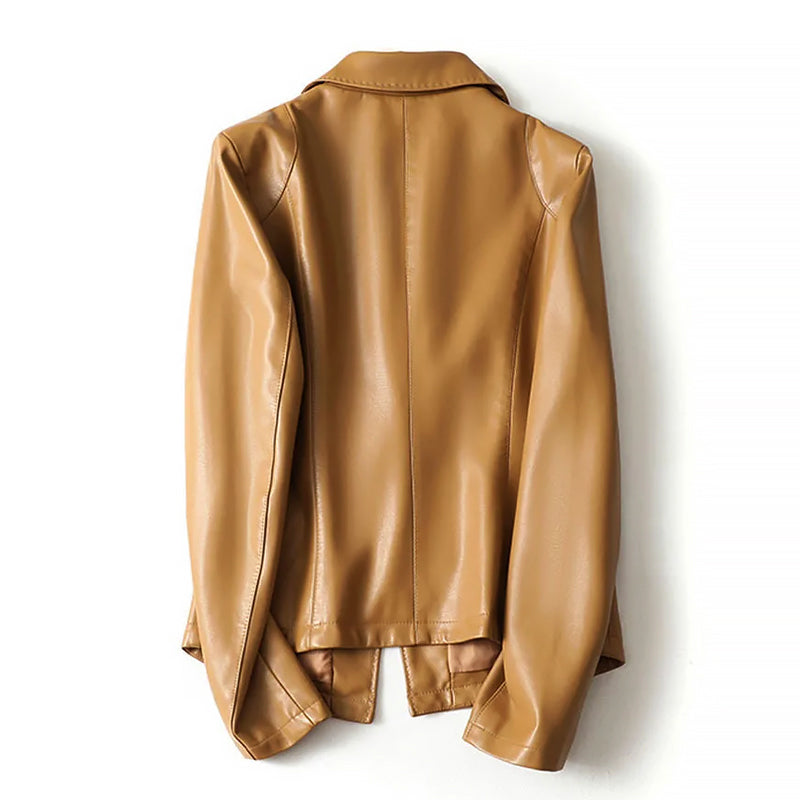 Women’s Genuine Leather Blazer Jacket with Single Button Closure
