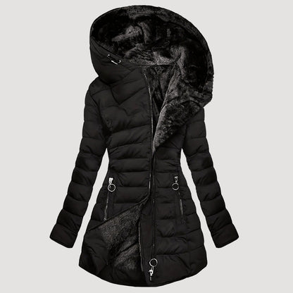 Women’s Hooded Long Puffer Coat with Plush Inner Lining
