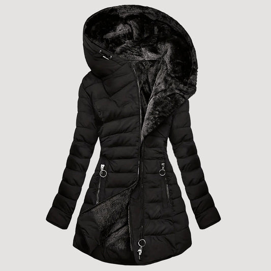 Women’s Hooded Long Puffer Coat with Plush Inner Lining
