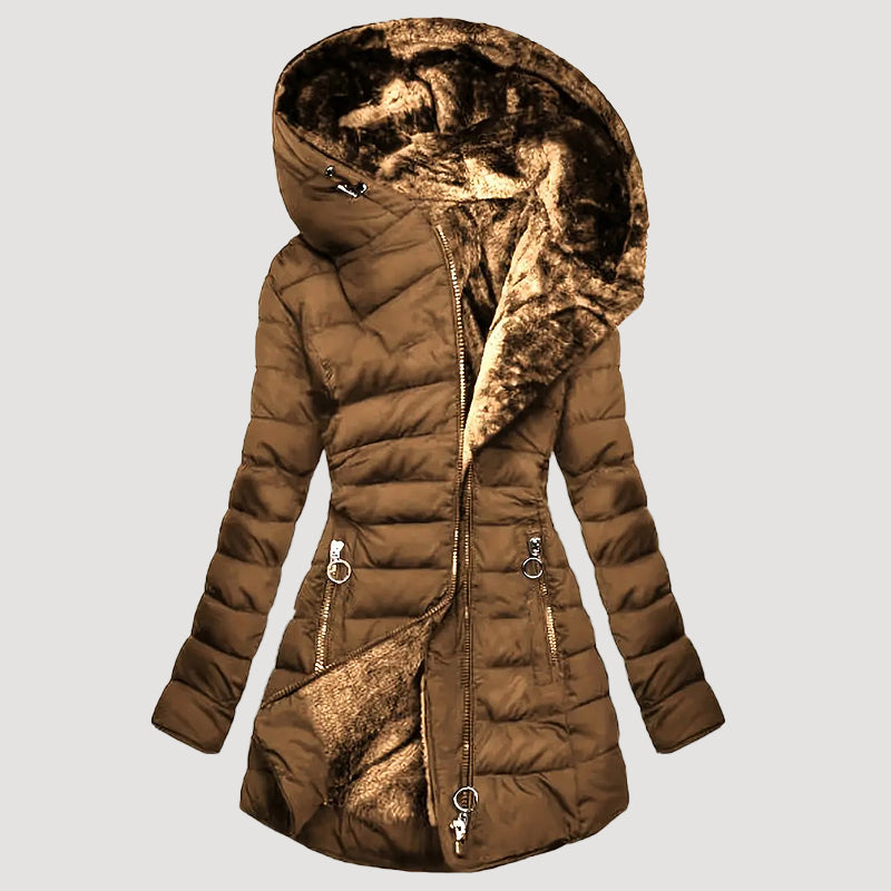 Women’s Hooded Long Puffer Coat with Plush Inner Lining