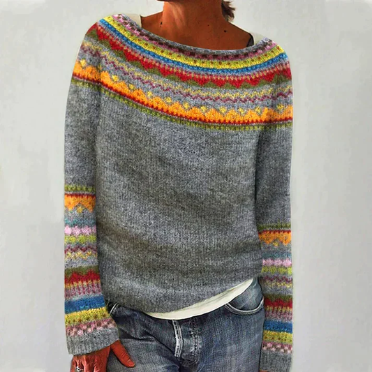 Women's Knit Sweater with Colorful Pattern Detail