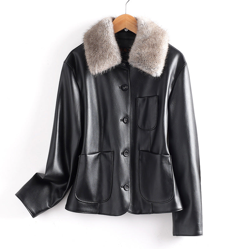 Women’s Leather Jacket with Faux Fur Collar and Patch Pockets