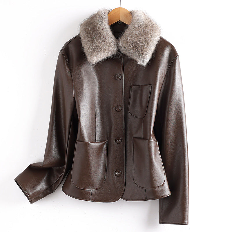 Women’s Leather Jacket with Faux Fur Collar and Patch Pockets
