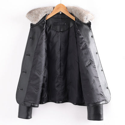 Women’s Leather Jacket with Faux Fur Collar and Patch Pockets