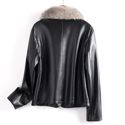 Women’s Leather Jacket with Faux Fur Collar and Patch Pockets
