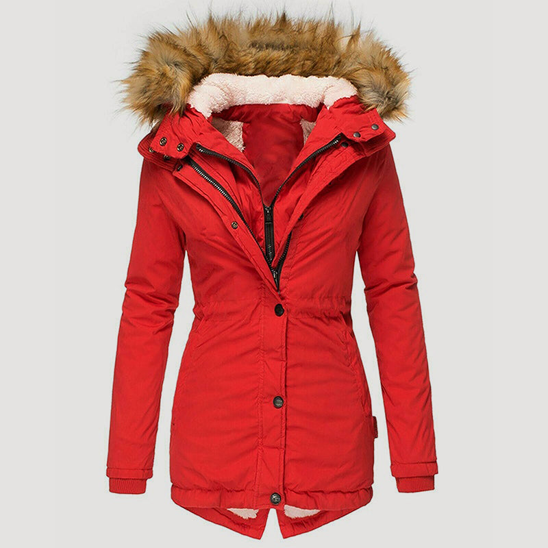Women’s Long Hooded Parka with Faux Fur Trim and Fleece Lining